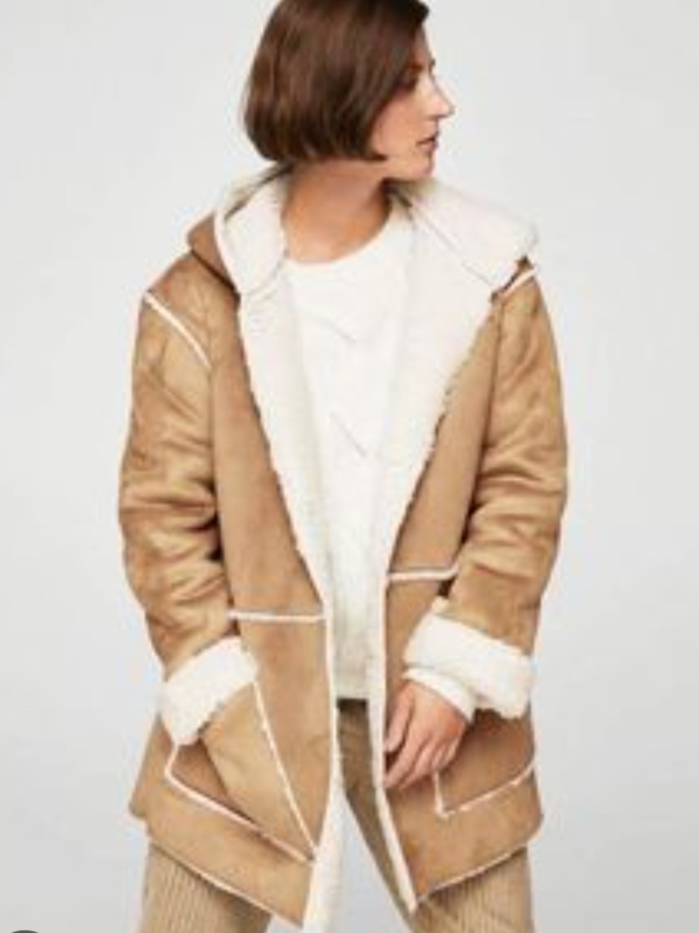 Mango Tan Faux-Shearling Hooded Teddy Coat with Cream Lining Large